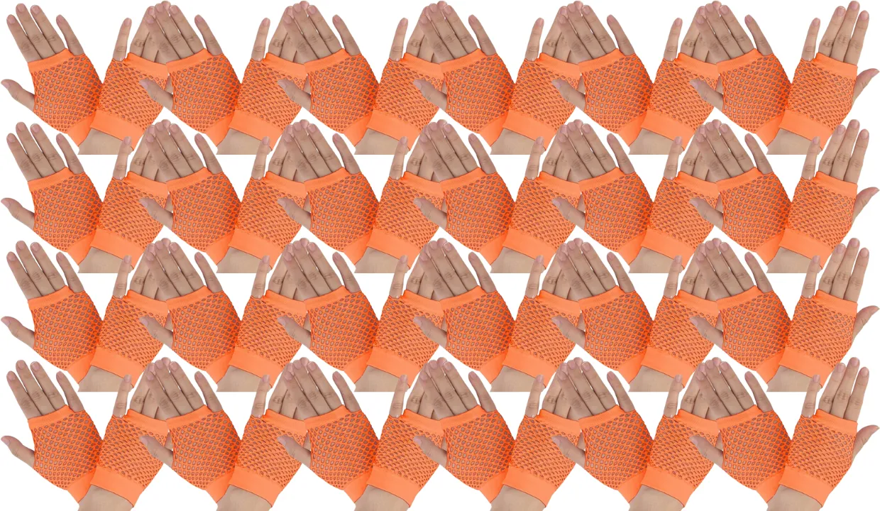 24 Pair Fishnet Gloves Fingerless Wrist Length 70s 80s Costume Party - Orange