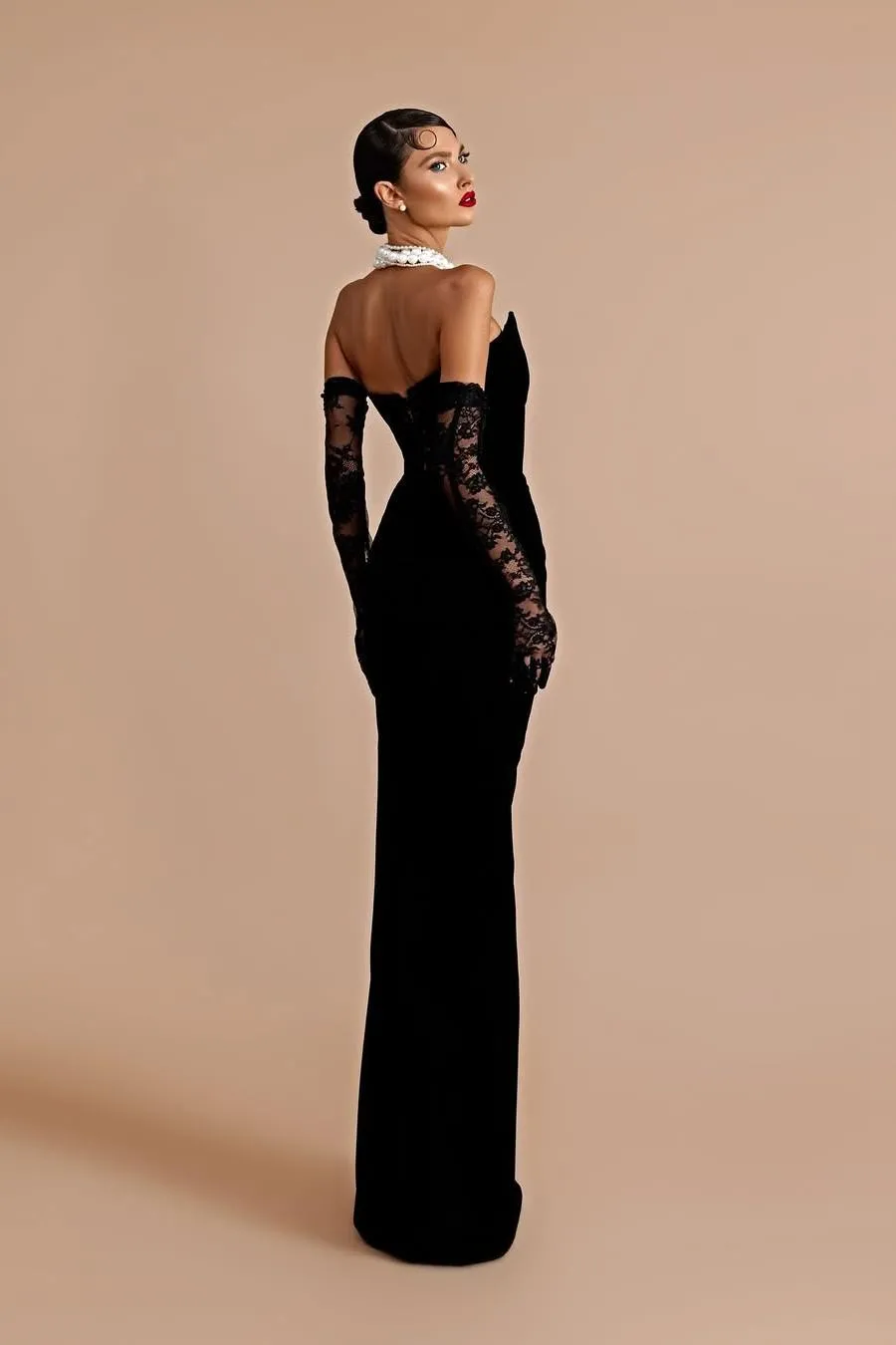 Ballbellas Stunning Black Velvet Sleeveless Strapless Long Split Prom Dress with Gloves