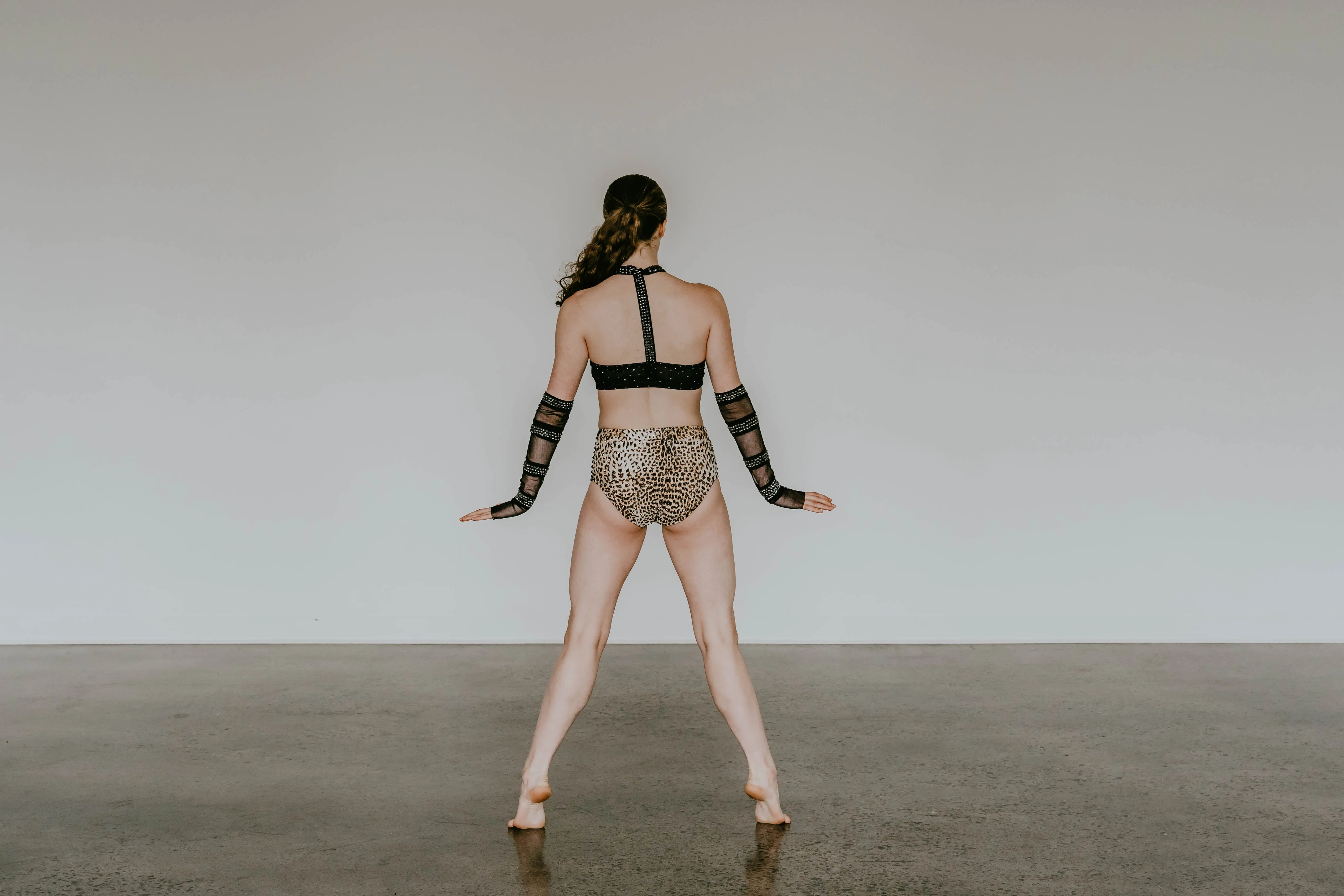 Black Mesh Top with Leopard Print Brief - Swarovski Rhinestones & Appliques