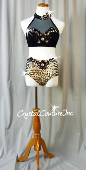 Black Mesh Top with Leopard Print Brief - Swarovski Rhinestones & Appliques