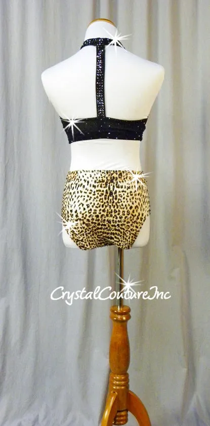 Black Mesh Top with Leopard Print Brief - Swarovski Rhinestones & Appliques