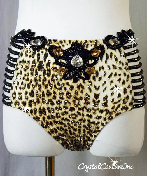 Black Mesh Top with Leopard Print Brief - Swarovski Rhinestones & Appliques