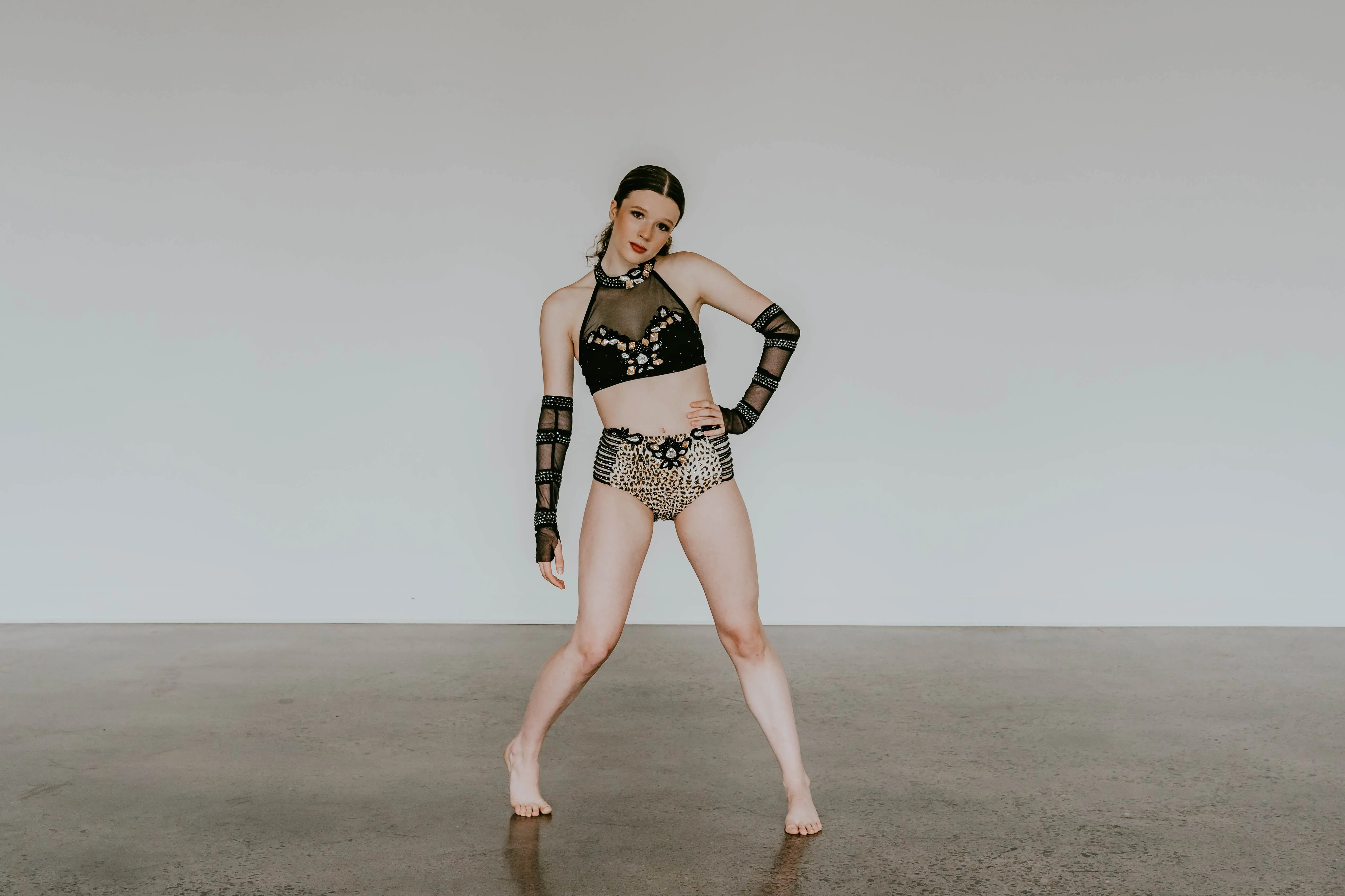 Black Mesh Top with Leopard Print Brief - Swarovski Rhinestones & Appliques