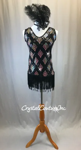Black Sheer Mesh Dress with Black/Gold Sequins and Fringe - Rhinestones