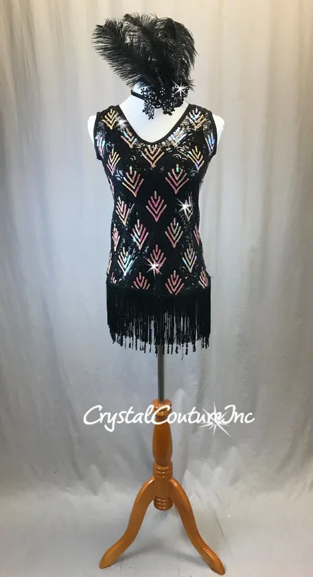 Black Sheer Mesh Dress with Black/Gold Sequins and Fringe - Rhinestones