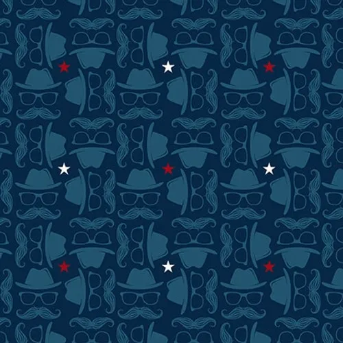 Hipster Hats and Moustaches Navy Fabric
