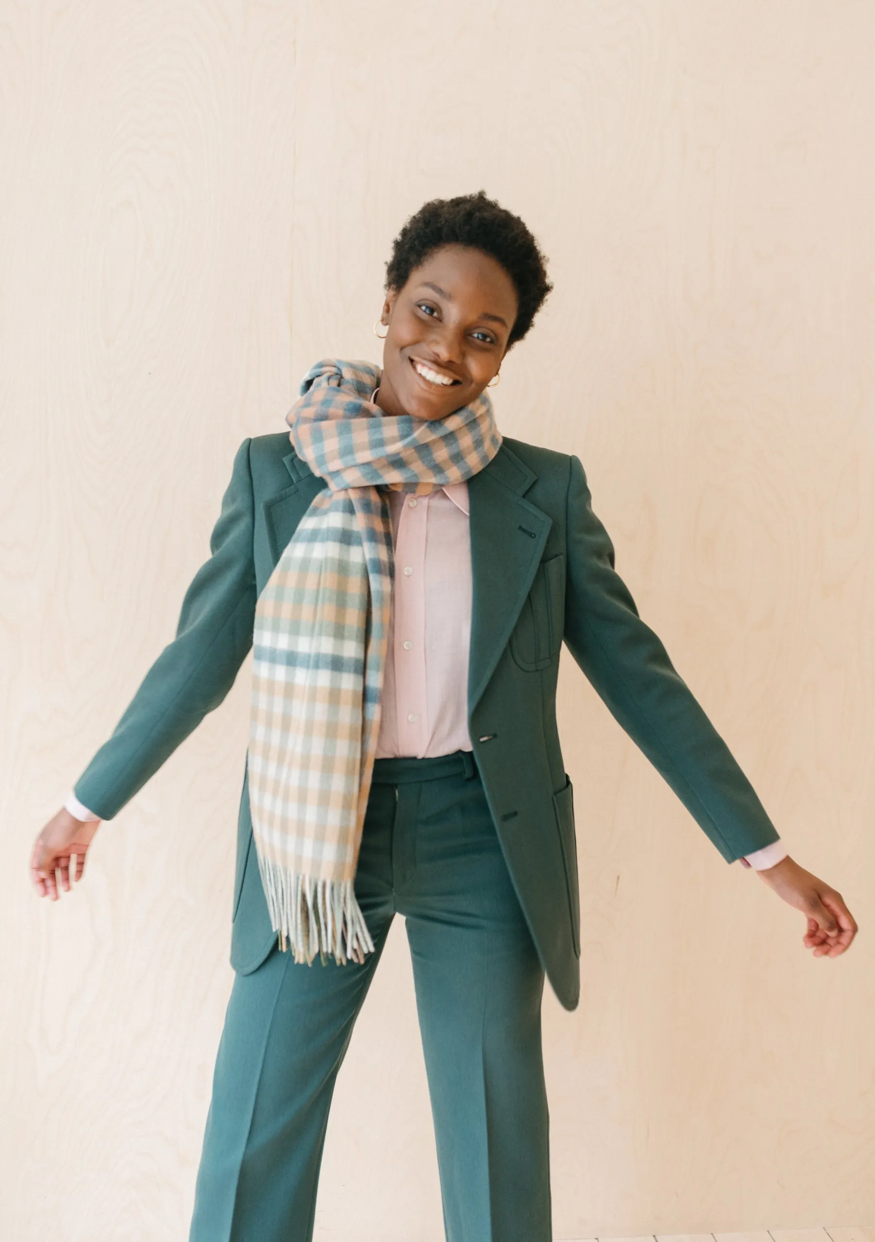 Lambswool Blanket Scarf in Olive Micro Gingham