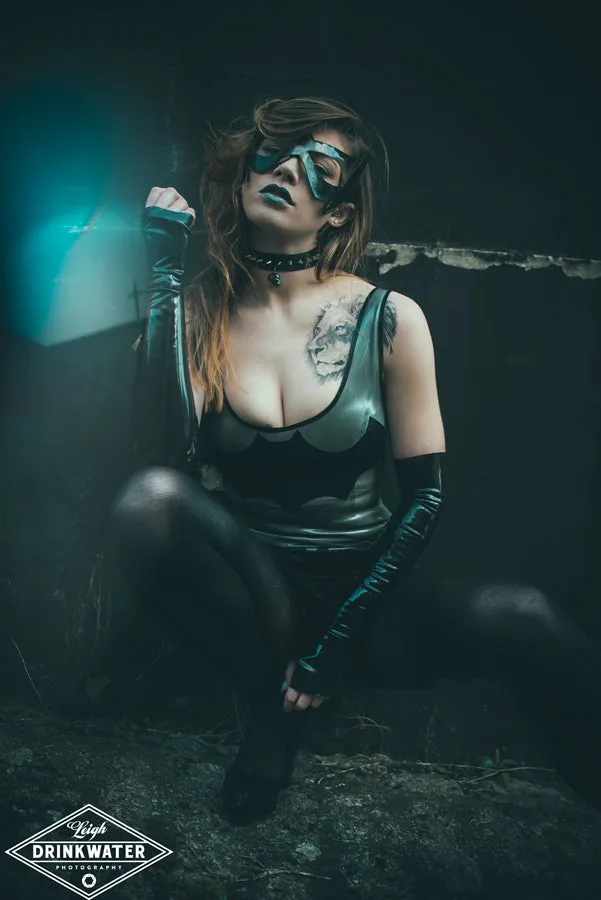 Latex Bat girl bodysuit in Silver and Black.