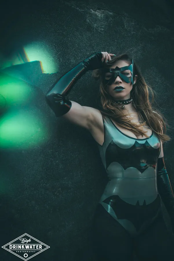 Latex Bat girl bodysuit in Silver and Black.