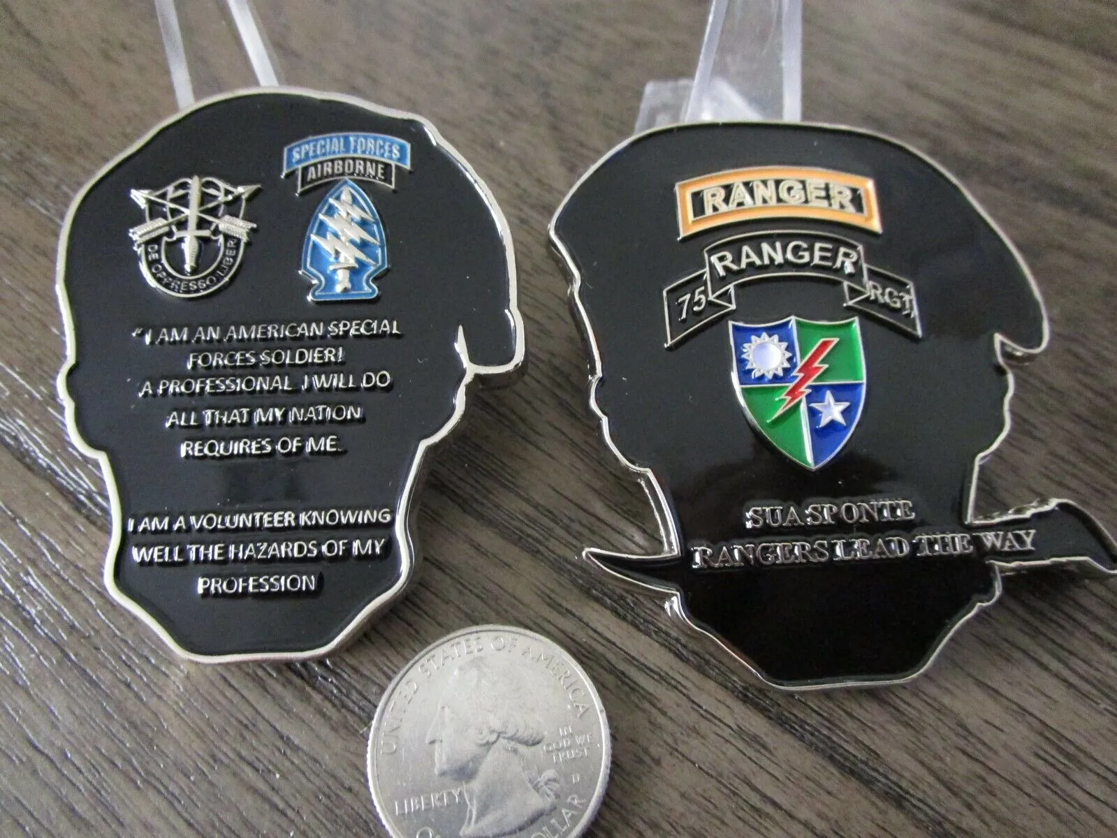 Lot of 2 US Army Special Forces Challenge Coins Green Berets  & 75th Ranger RGT