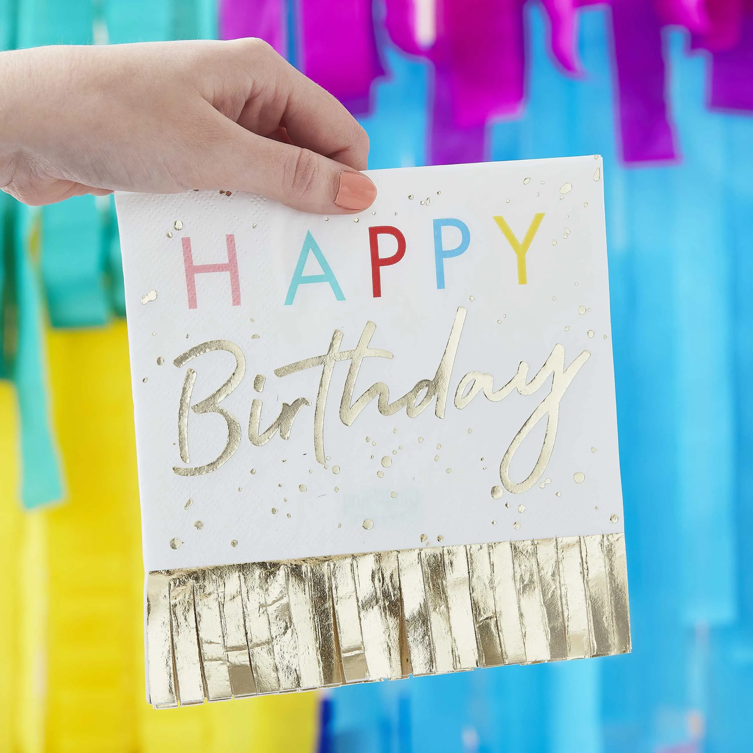 Multicoloured Happy Birthday Gold Fringed Paper Napkins