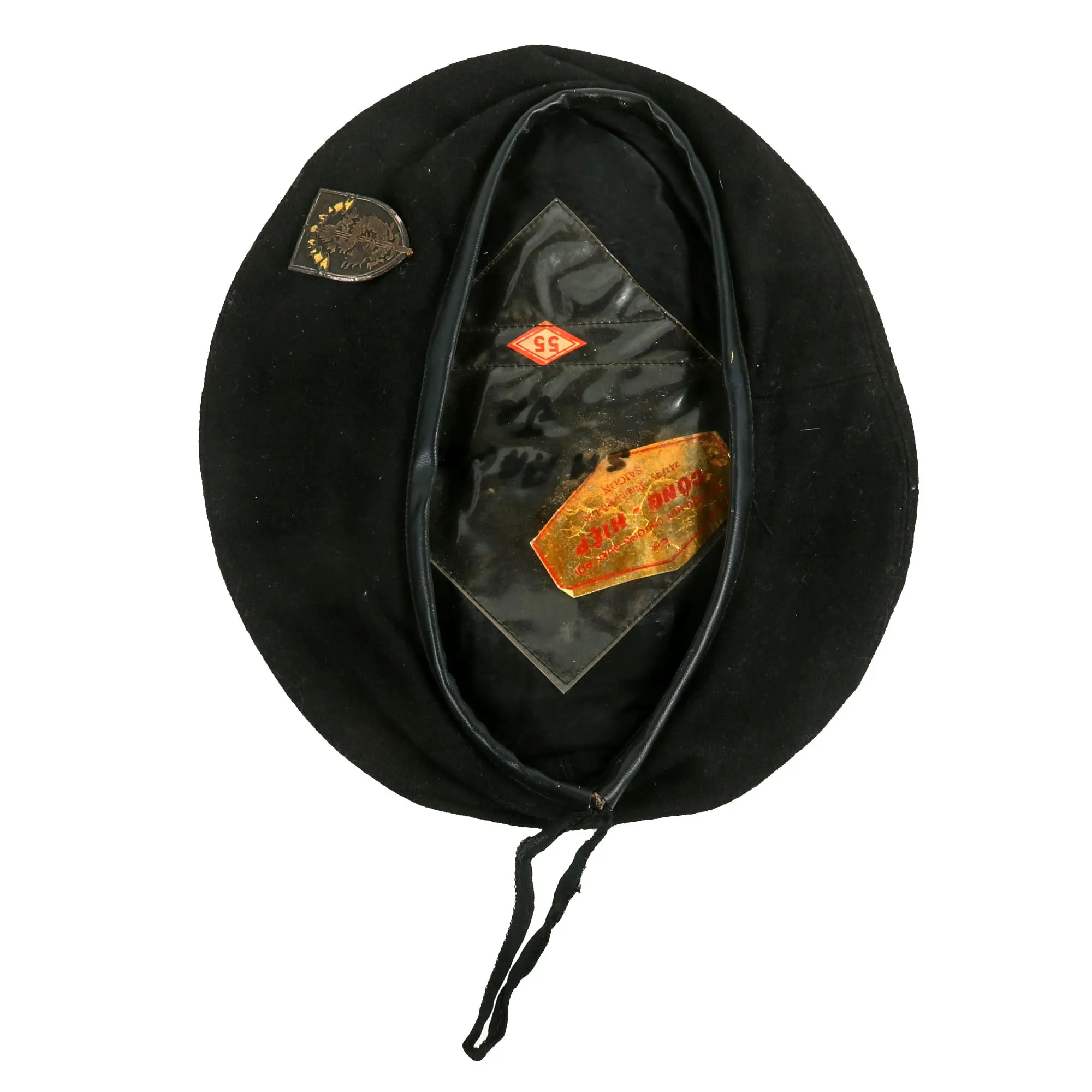 Original 1948 - 1954 South Vietnamese Nation Guard Black Beret with Badge and Foil Maker's Label
