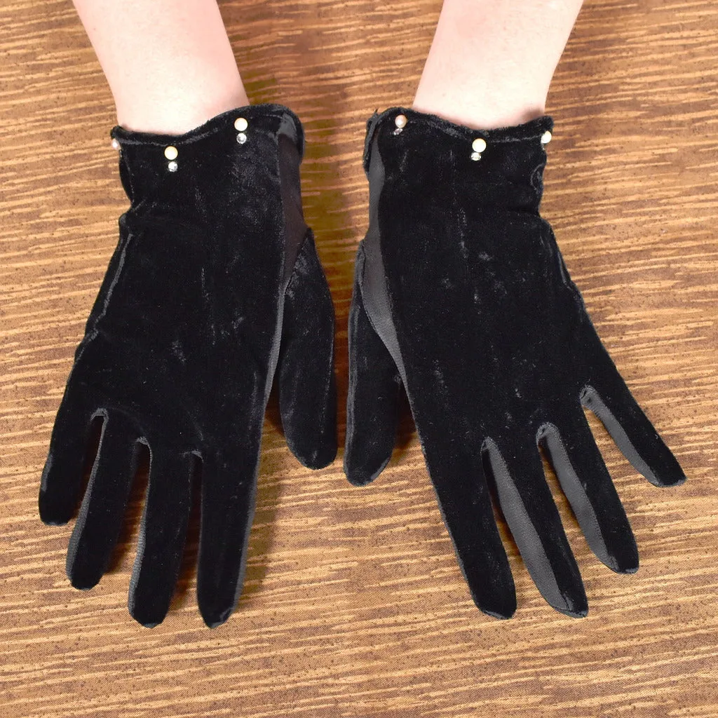 Pearl Velvet Rhinestone Vintage Gloves