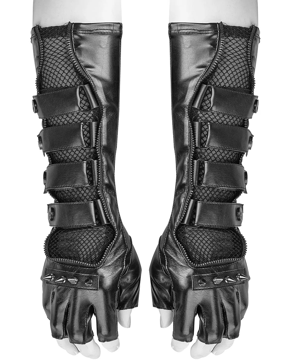S-214 Acropolis Mens Long PU & Mesh Spiked Fingerless Gloves