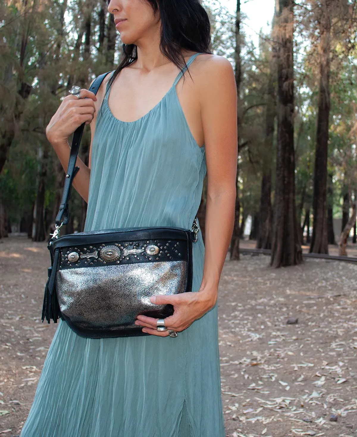 Studded Silver Leather Large Crossbody Bag with Metallic Rivets - The CHER  Sling Bag