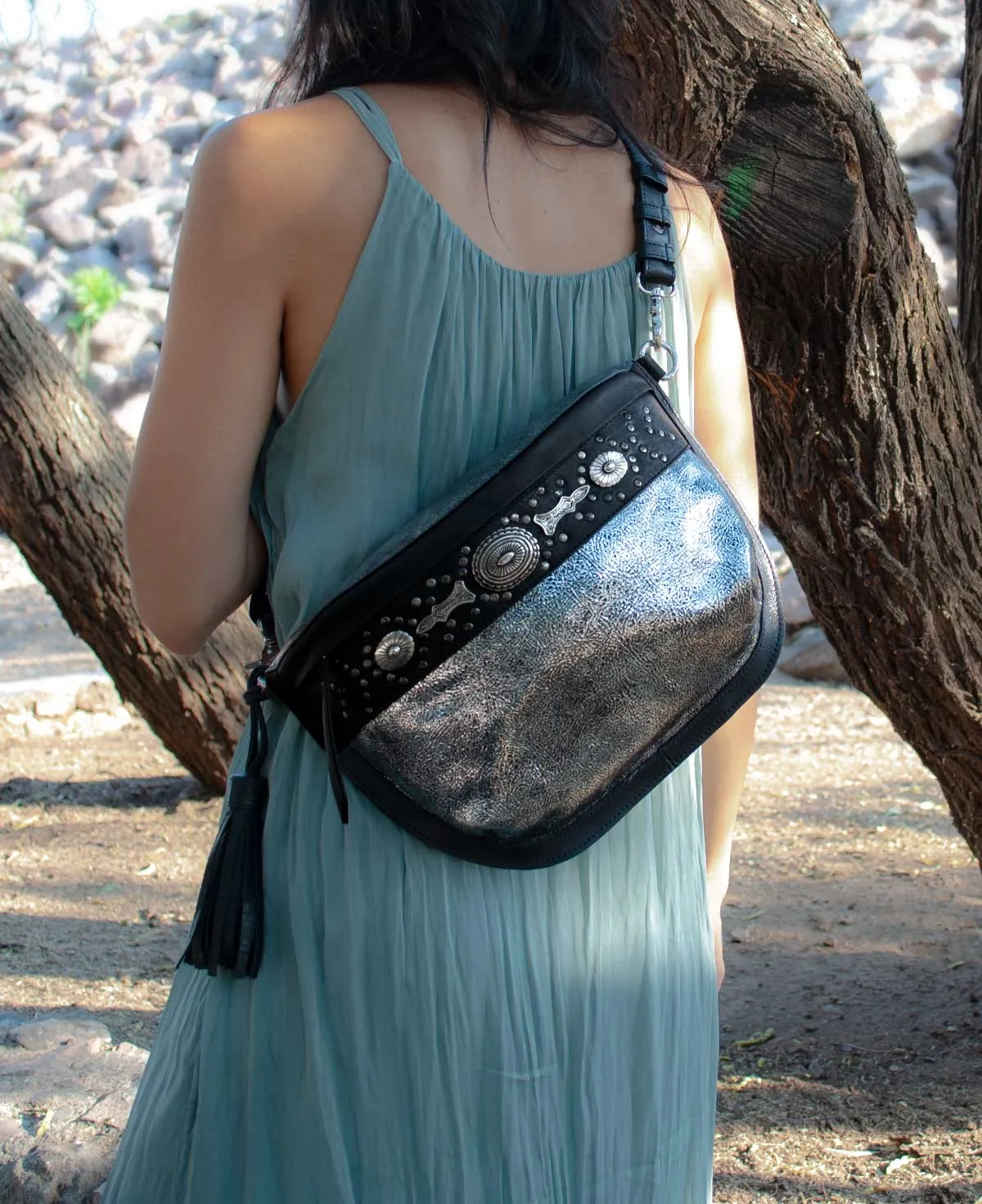 Studded Silver Leather Large Crossbody Bag with Metallic Rivets - The CHER  Sling Bag