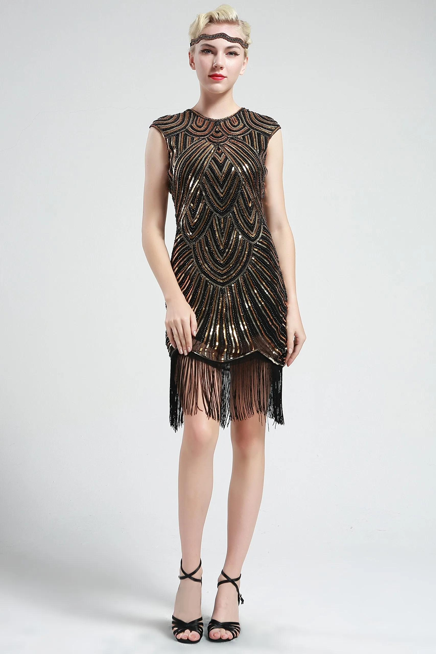 US STOCK Black and Blue Flapper Beaded Fringed Great Gatsby Dress
