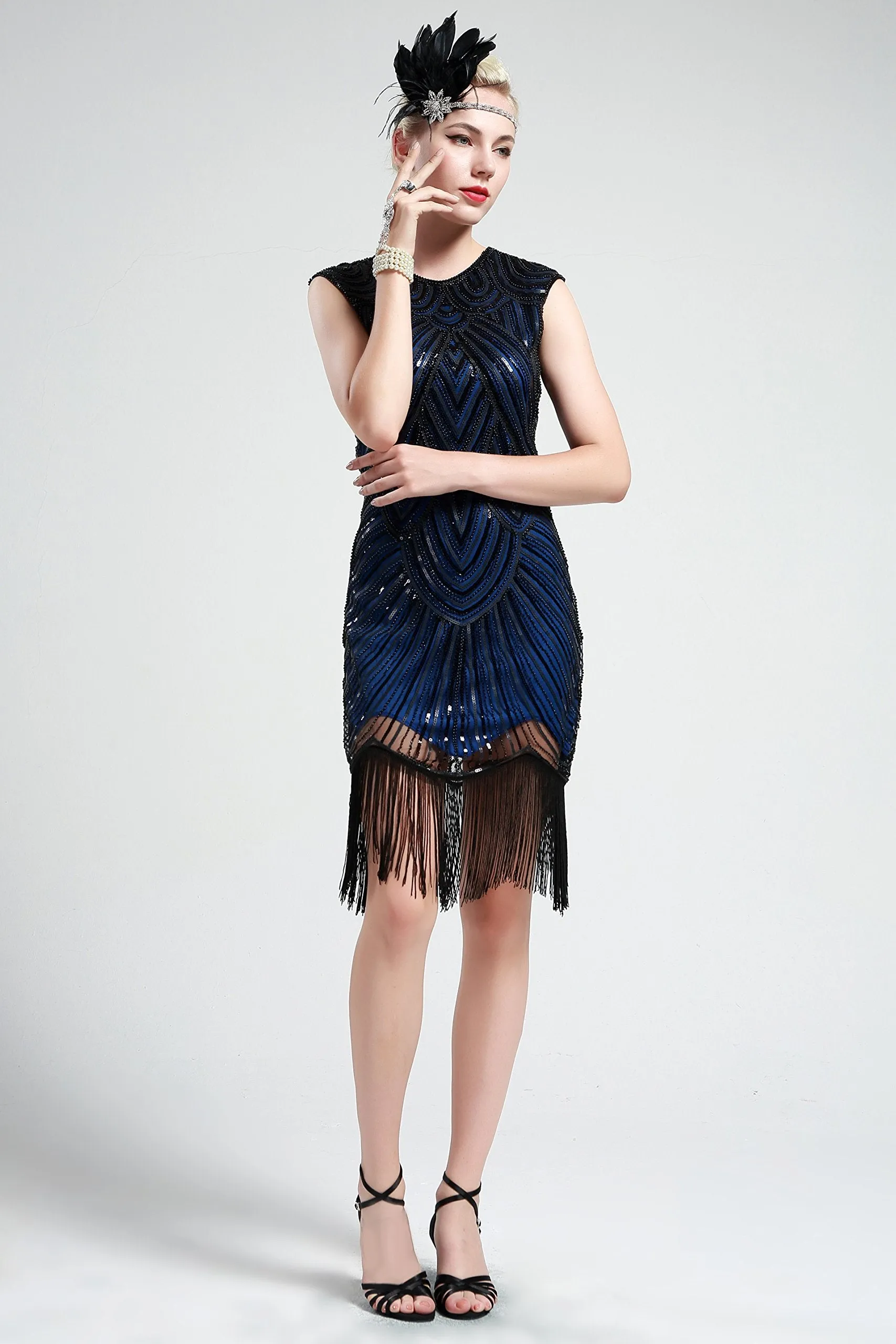 US STOCK Black and Blue Flapper Beaded Fringed Great Gatsby Dress