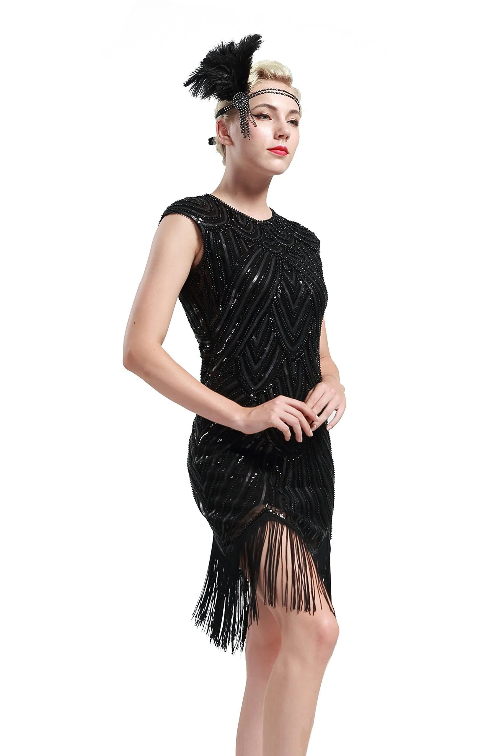 US STOCK Black and Blue Flapper Beaded Fringed Great Gatsby Dress