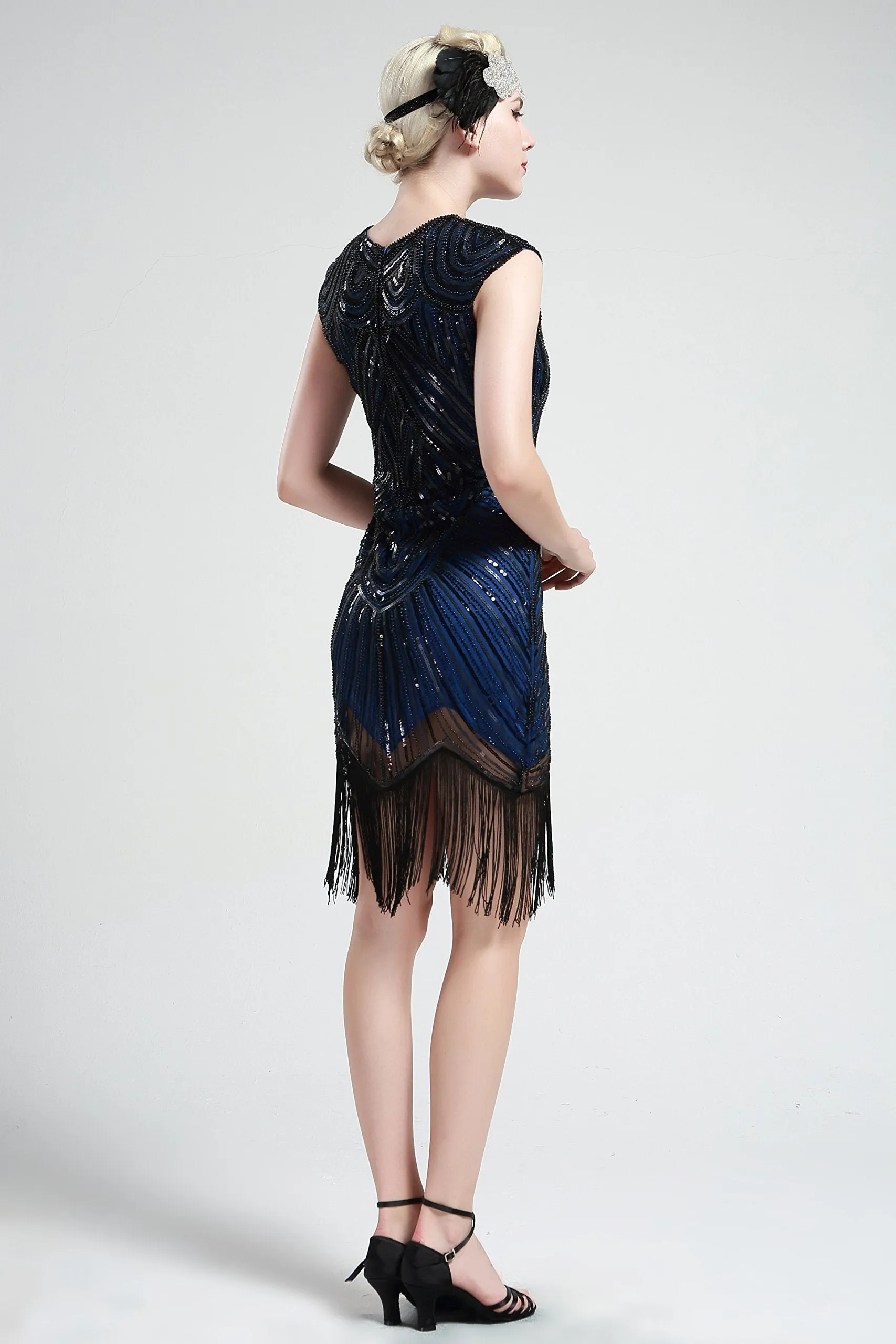 US STOCK Black and Blue Flapper Beaded Fringed Great Gatsby Dress