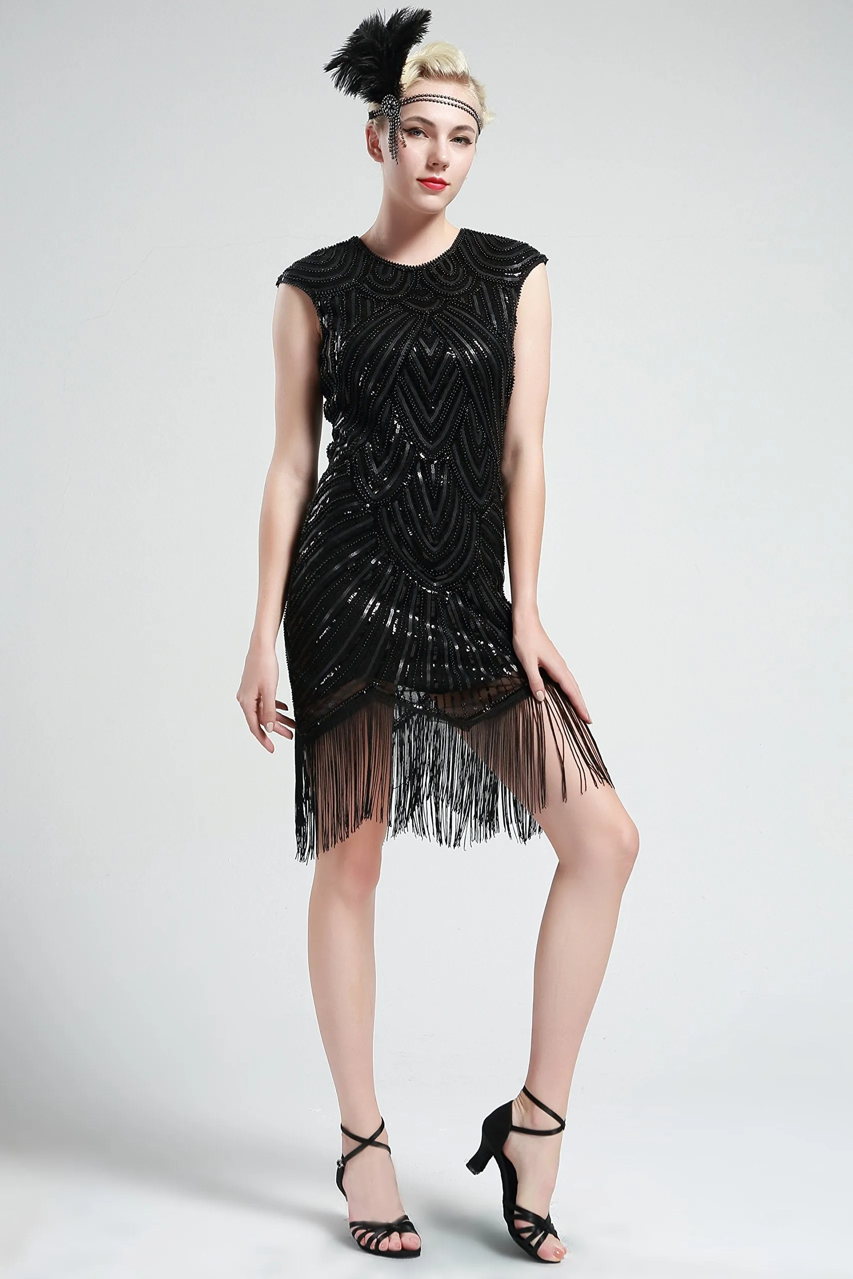 US STOCK Black and Blue Flapper Beaded Fringed Great Gatsby Dress