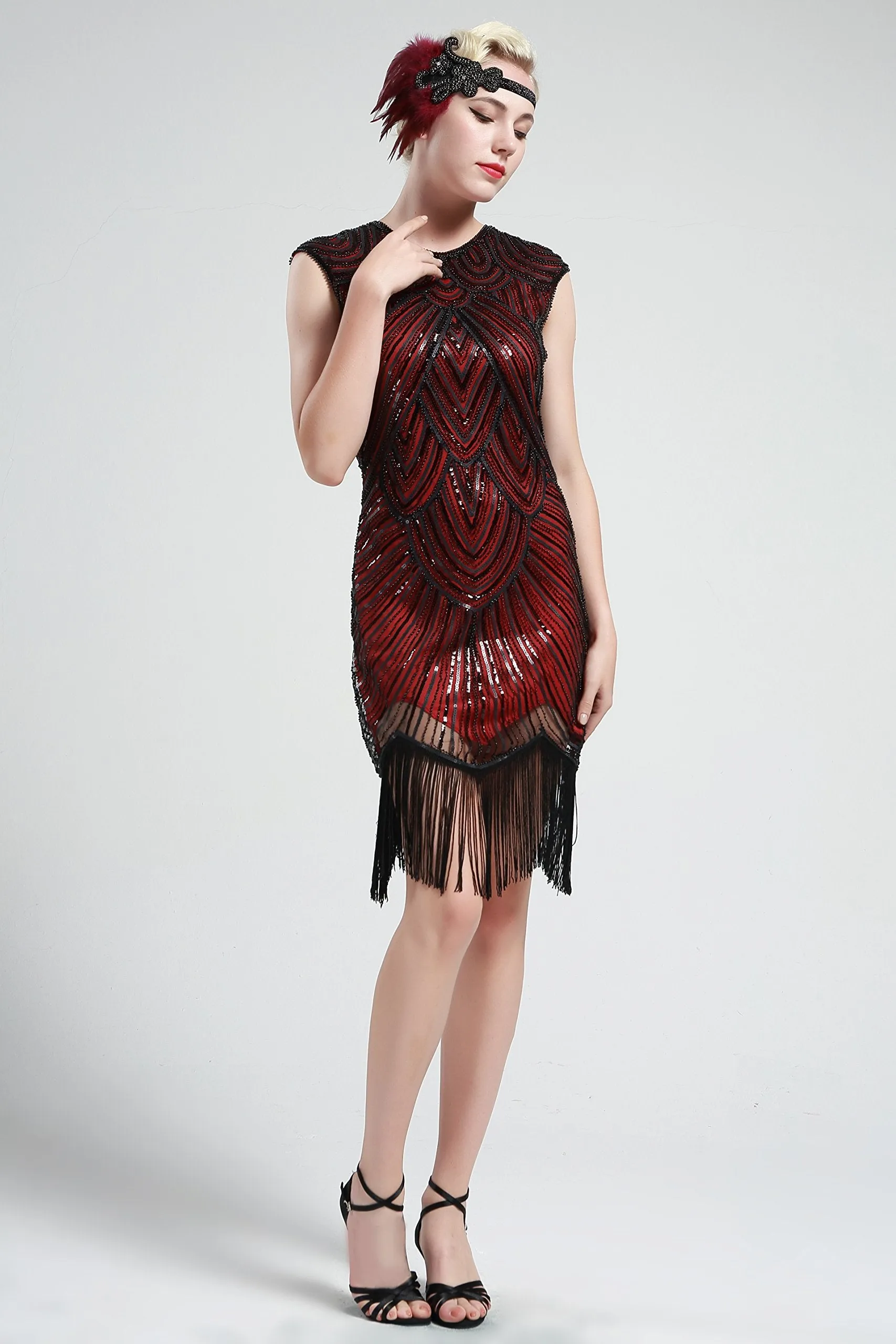 US STOCK Black and Blue Flapper Beaded Fringed Great Gatsby Dress