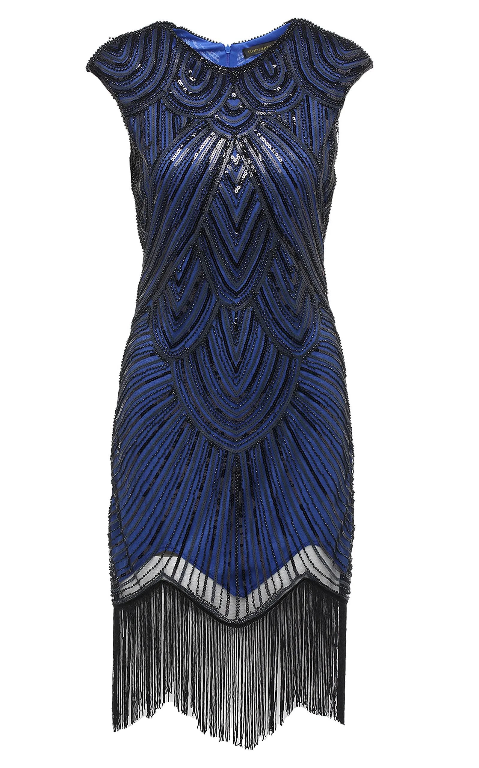 US STOCK Black and Blue Flapper Beaded Fringed Great Gatsby Dress