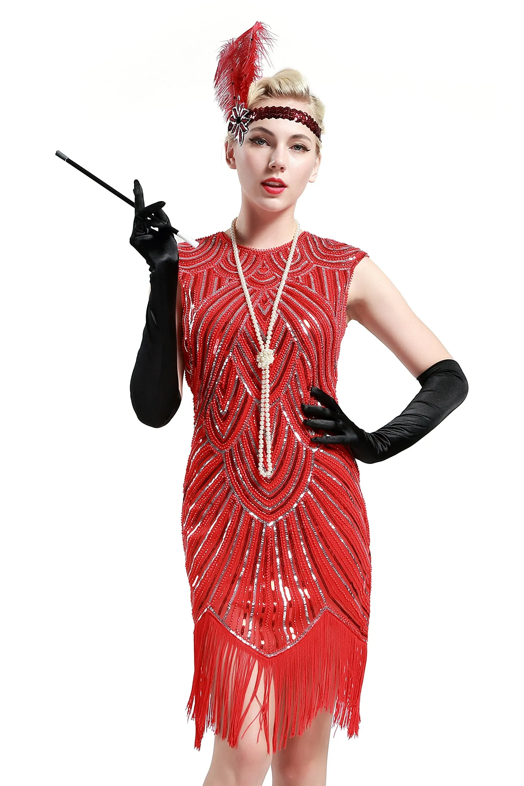 US STOCK Black and Blue Flapper Beaded Fringed Great Gatsby Dress