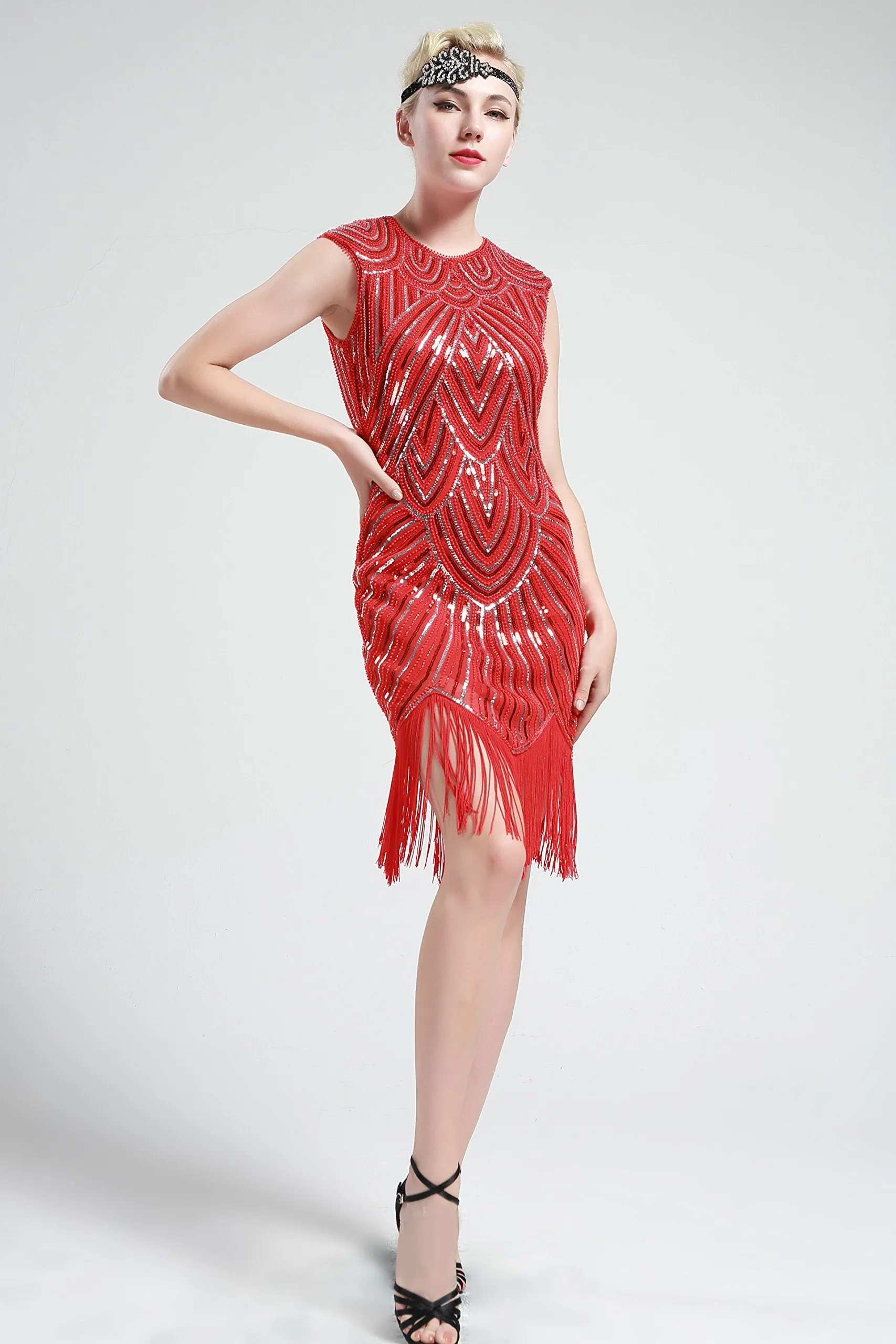 US STOCK Black and Blue Flapper Beaded Fringed Great Gatsby Dress