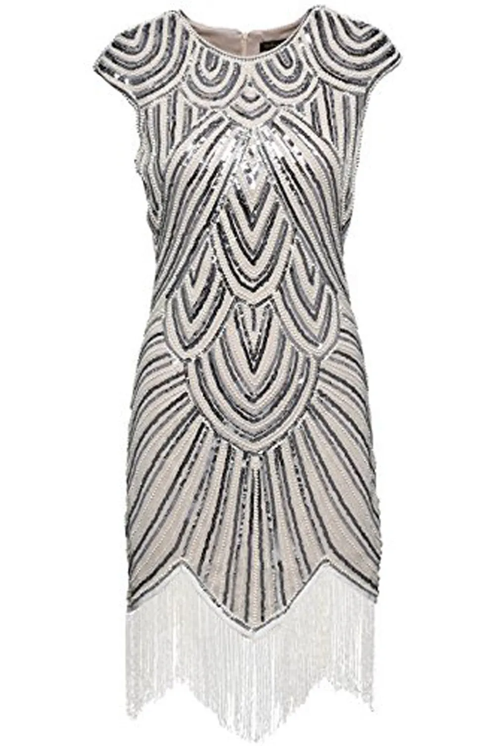 US STOCK White and Silver Flapper Beaded Fringed Great Gatsby Dress