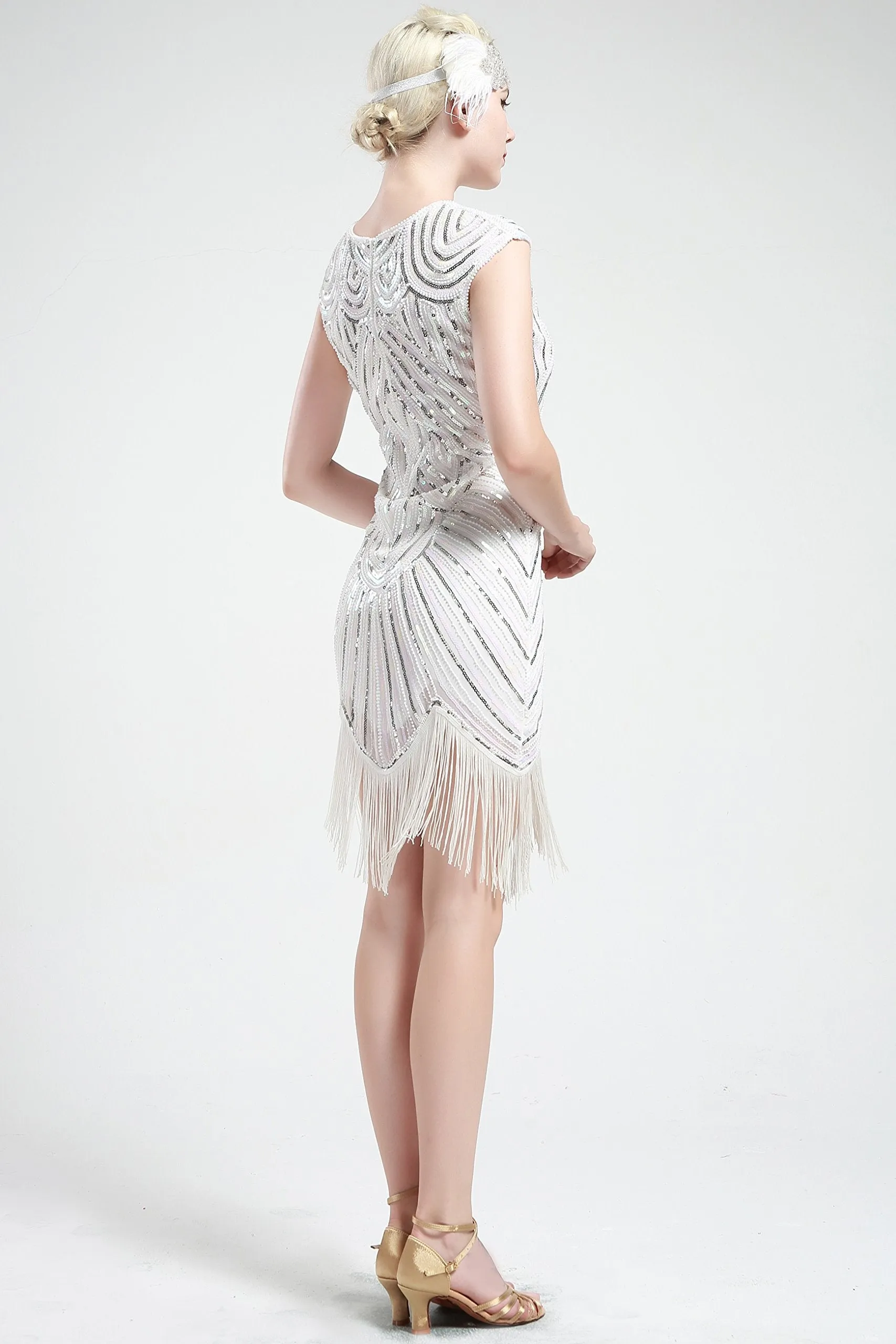 US STOCK White and Silver Flapper Beaded Fringed Great Gatsby Dress