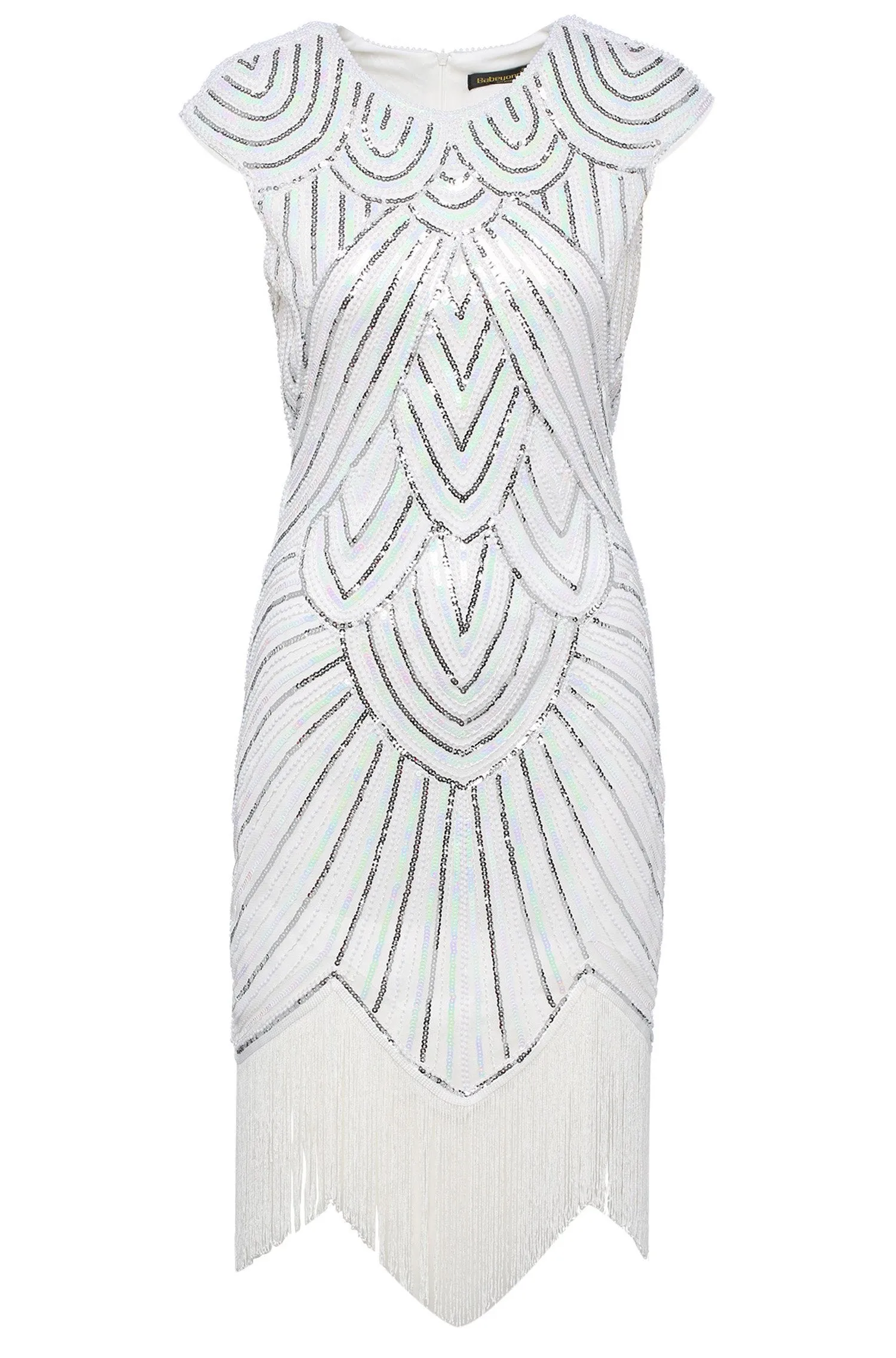 US STOCK White and Silver Flapper Beaded Fringed Great Gatsby Dress
