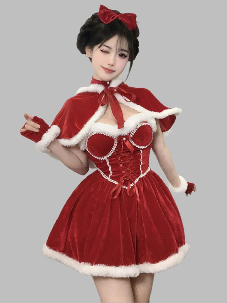 Velvet Christmas Mini Dress with Shawl