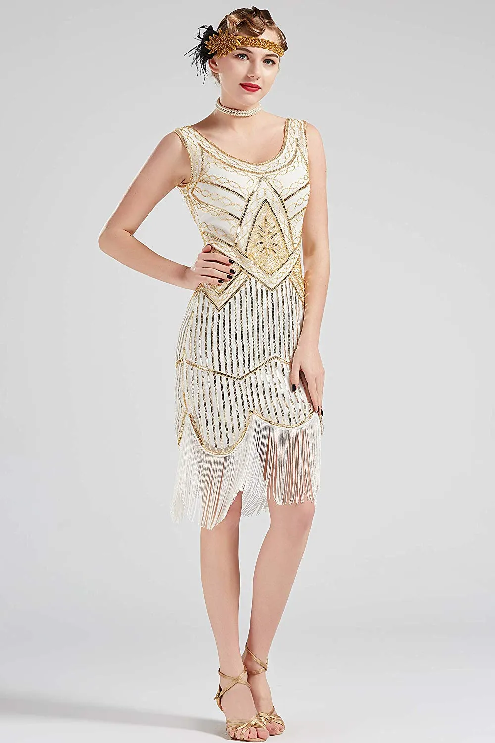 Vintage 1920s Cream White Flapper 20s Great Gatsby Dress Fringed Sequin Art Deco Dress