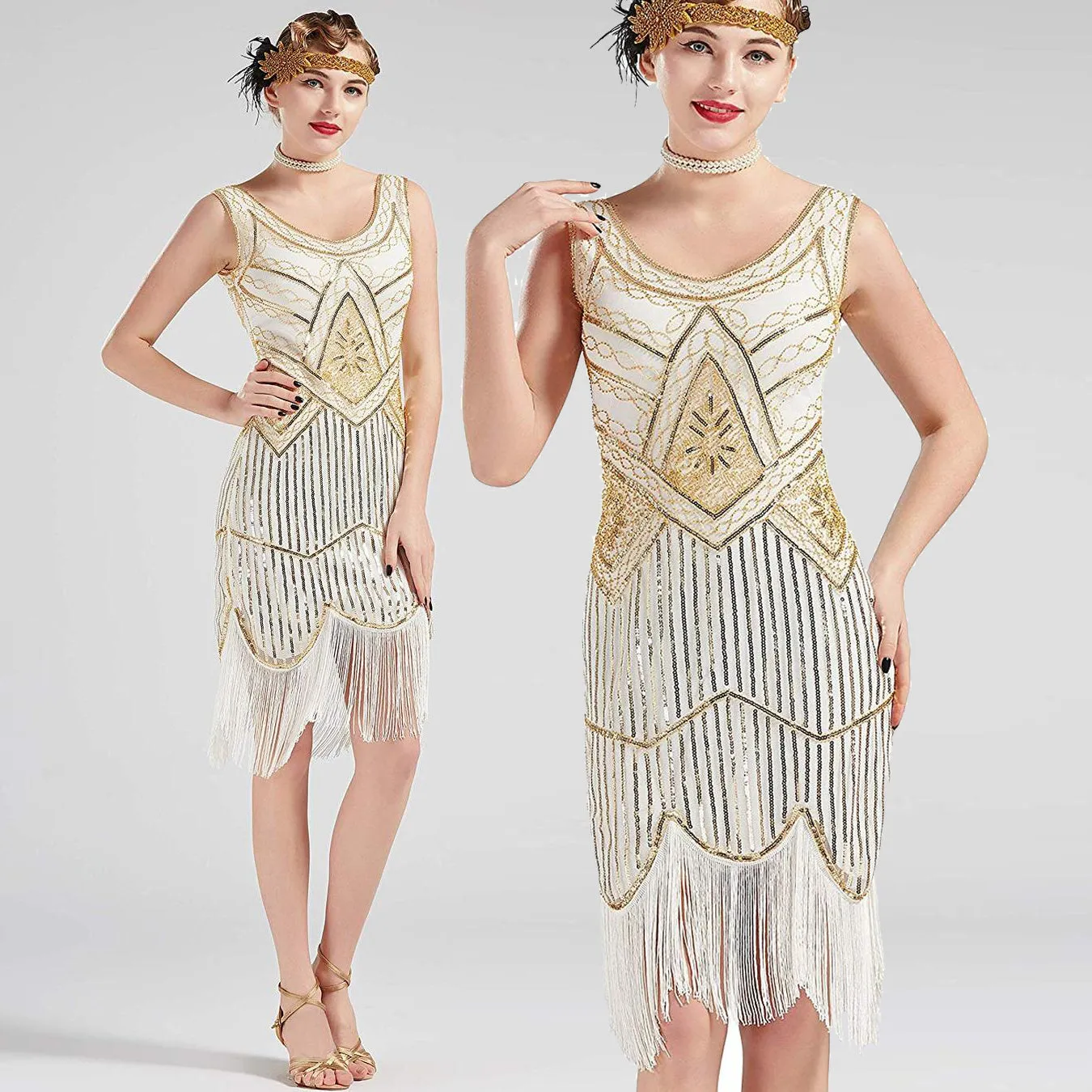 Vintage 1920s Cream White Flapper 20s Great Gatsby Dress Fringed Sequin Art Deco Dress