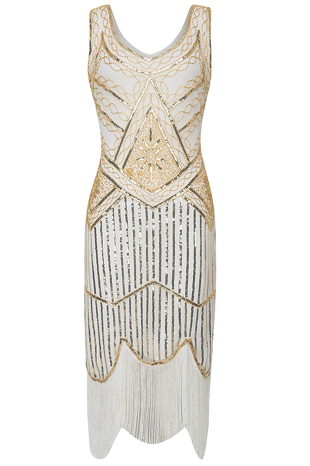 Vintage 1920s Cream White Flapper 20s Great Gatsby Dress Fringed Sequin Art Deco Dress