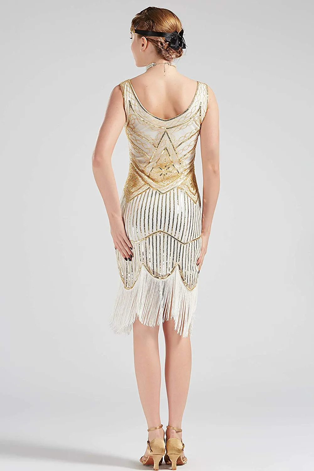 Vintage 1920s Cream White Flapper 20s Great Gatsby Dress Fringed Sequin Art Deco Dress