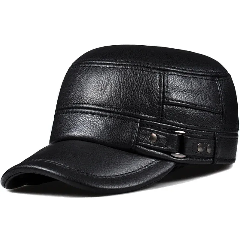 Winter Genuine Leather Cap Men's Flat Caps  Military Hat Elegant Man Baseball Cap British Vintage Cowhide Ear Warm Hat