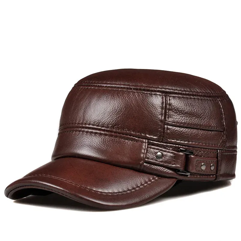 Winter Genuine Leather Cap Men's Flat Caps  Military Hat Elegant Man Baseball Cap British Vintage Cowhide Ear Warm Hat