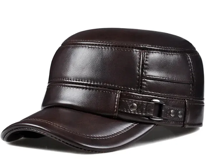 Winter Genuine Leather Cap Men's Flat Caps  Military Hat Elegant Man Baseball Cap British Vintage Cowhide Ear Warm Hat