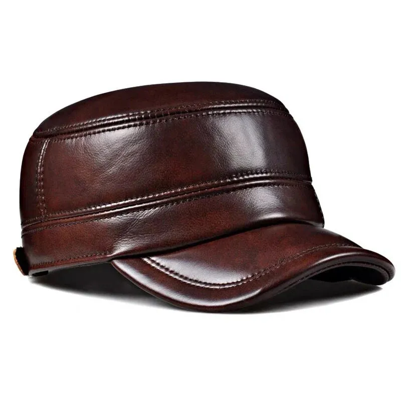 Winter Genuine Leather Cap Men's Flat Caps  Military Hat Elegant Man Baseball Cap British Vintage Cowhide Ear Warm Hat