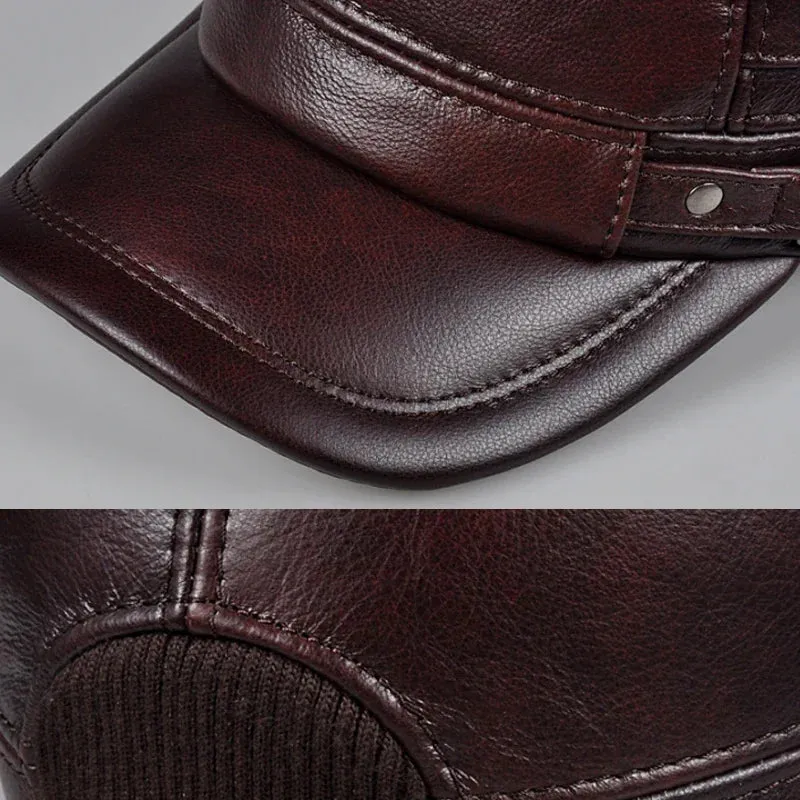 Winter Genuine Leather Cap Men's Flat Caps  Military Hat Elegant Man Baseball Cap British Vintage Cowhide Ear Warm Hat