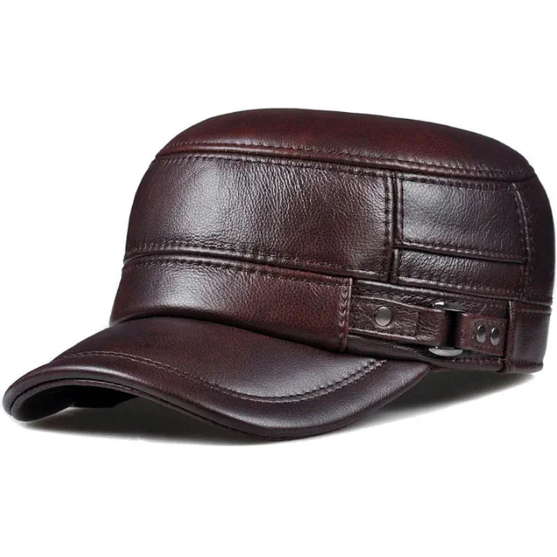 Winter Genuine Leather Cap Men's Flat Caps  Military Hat Elegant Man Baseball Cap British Vintage Cowhide Ear Warm Hat